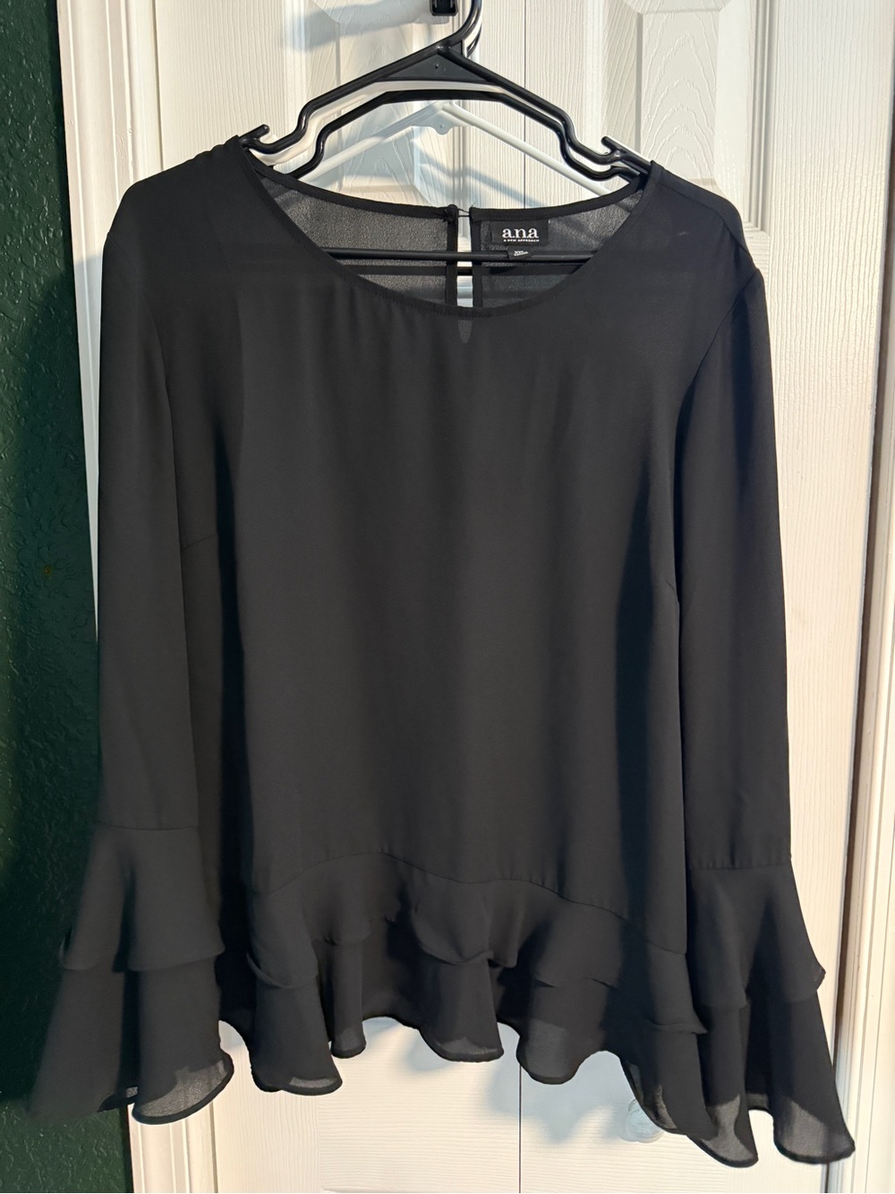 a.n.a Black Ruffle-Hem Long Sleeve Blouse with Tiered Bell Sleeves